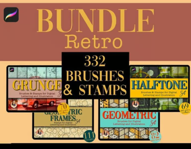 300+ Halftone Vintage Texture Procreate Brushes Set  download procreate