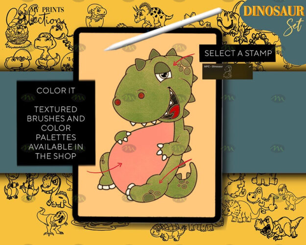 download 150 cartoon dinosaur pattern Procreate brushes procreate