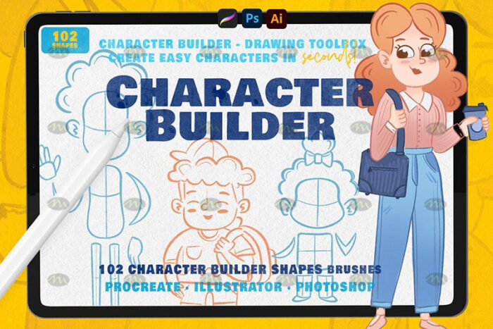 Download Children’s illustration character image auxiliary line Procreate AI PS brush set procreate